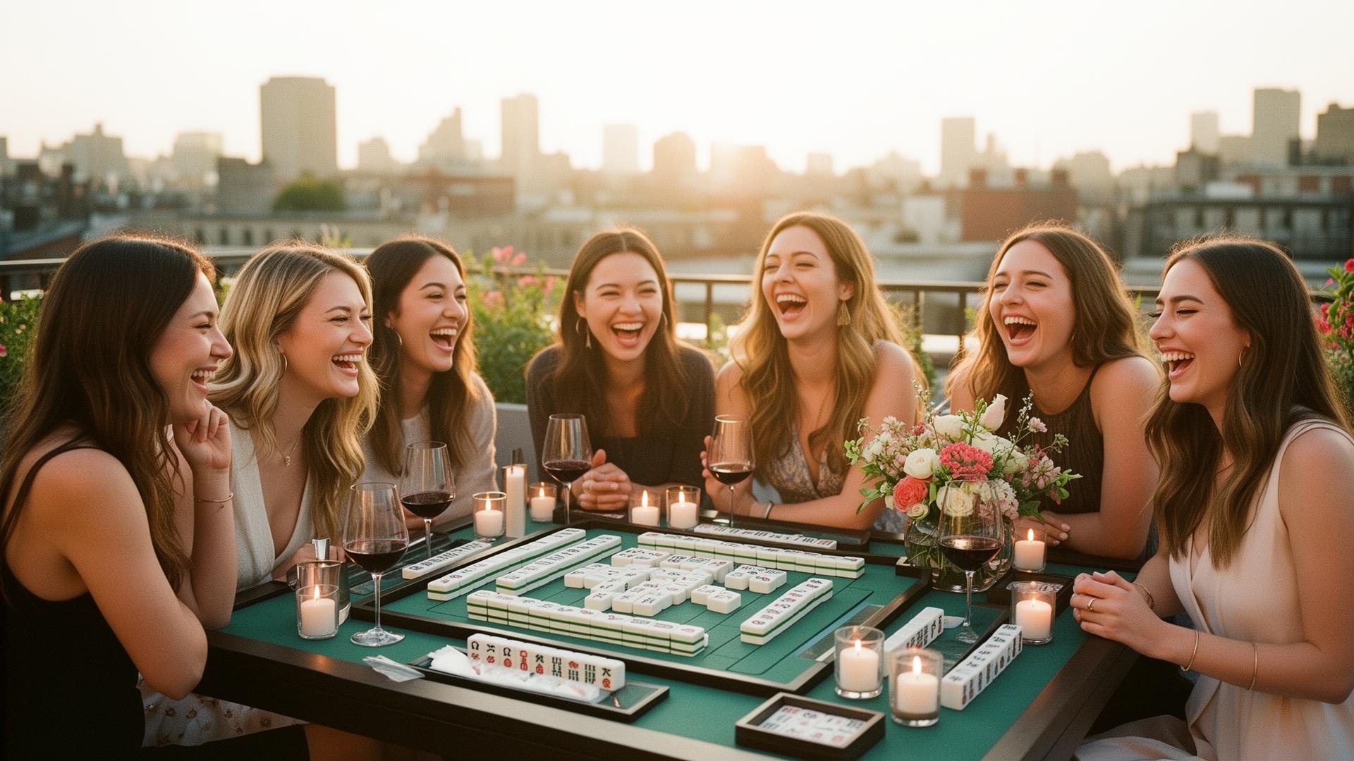Friends gathered around a Mahjong table at golden hour